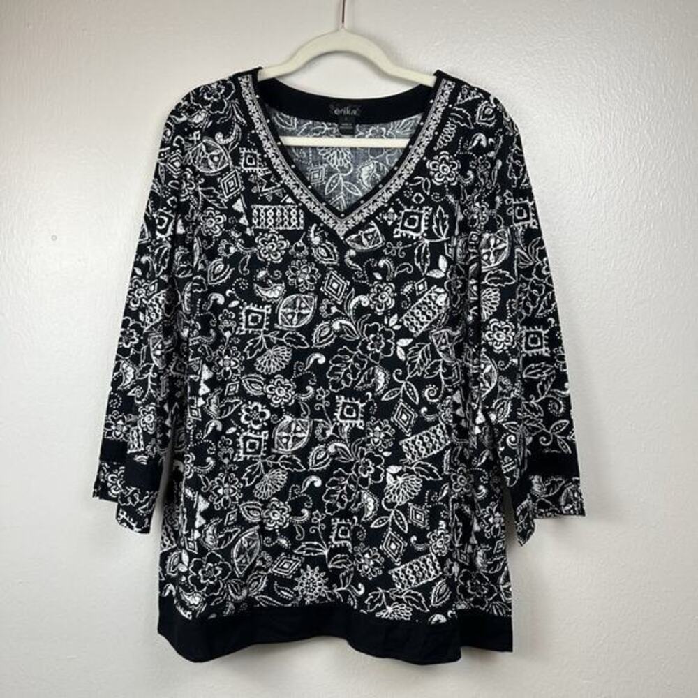 Erika Womens Boho Garden Print Top Size L Sequin Embroidered Festival Aztec